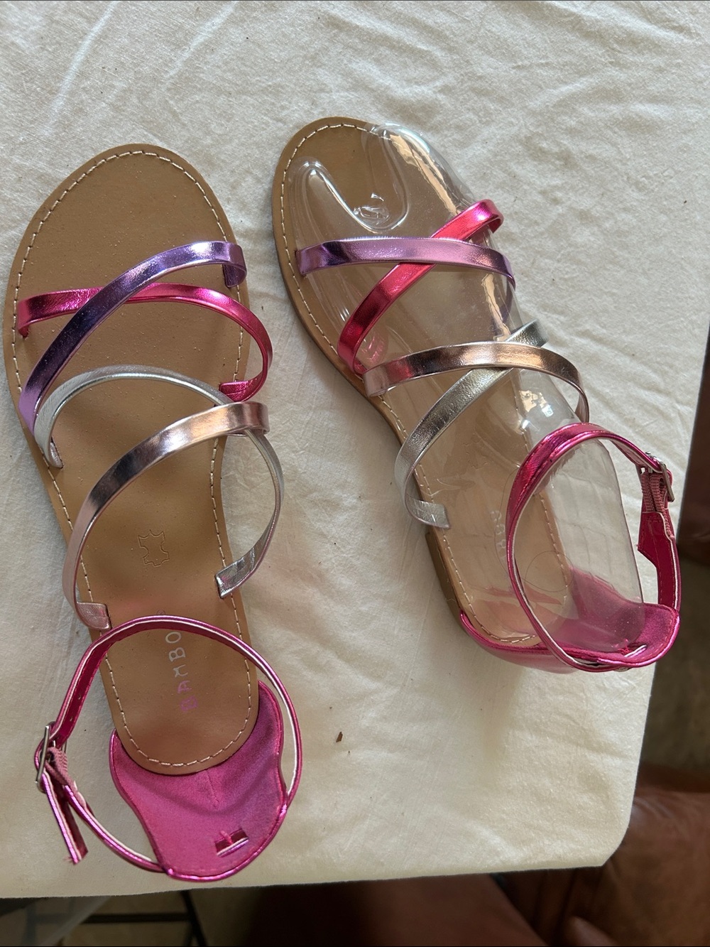 Metallic Pink & Silver Multi-Stripe Women's Ankle-Strap Sandals